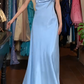 Light Blue Satin Prom Dress Cowl Neck Rhinestone Straps Column Long Evening Gown Bridesmaid Dress gh9623