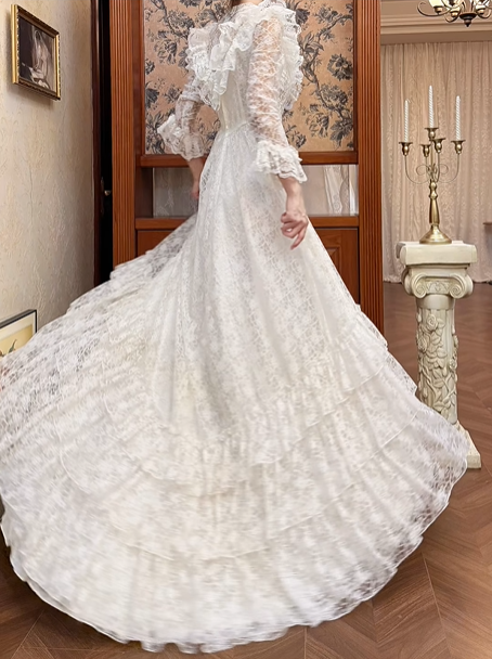 Cream Vintage All‑Lace Wedding Gown, Sheer High Neck With Ruffle Yoke, Long Lace Sleeves With Ruffle Cuffs, Pointed Waist, Multi‑Tiered Ruffle Lace Tiered Skirt, Prom Dress gh8638