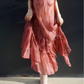 Dusty‑Rose Tie‑Dye Slip Midi Gown, V‑Neck Thin Spaghetti Straps, Flowy Chiffon Fabric, Asymmetrical Diagonal‑Cut Ruffle Skirt, Uneven Hanky Hem, Draped Crinkle Texture, Bohemian Vacation Photoshoot Evening Dress gh8859