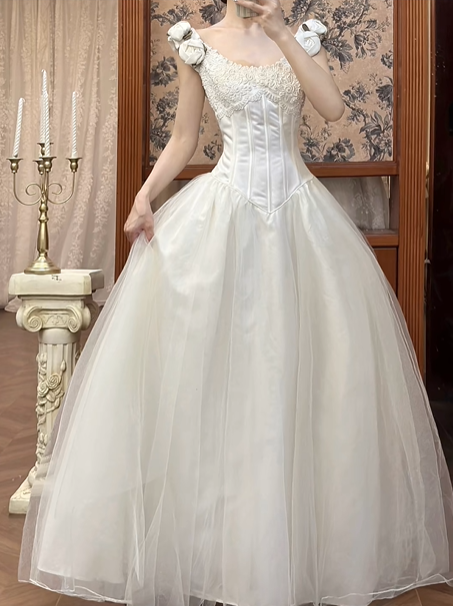 White Vintage Tulle Wedding Prom Dress, Square Neck Puff Sheer Lace Sleeves, Lace Appliqués, Multi‑Tier Ruffle Long Train gh8718