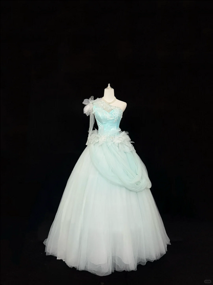 Light Blue Asymmetrical Neckline Cinched Waist Voluminous Tulle Skirt Long Romantic Dress, Wedding Gown gh7841