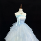 Light Blue Strapless Cinched Waist Voluminous Tiered Skirt Romantic Dress, Wedding Gown gh7925