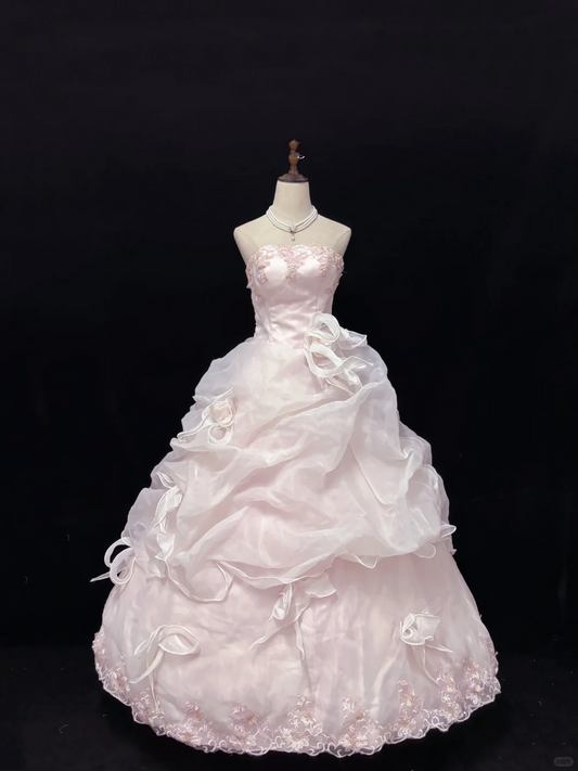 Blush pink strapless romantic gown with fitted waist and fluffy princess skirt, wedding dress & bridal gown gh8185