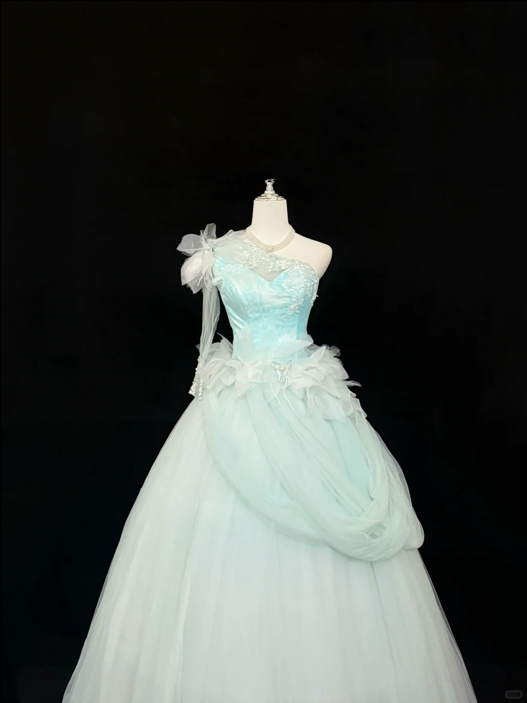 Light Blue Asymmetrical Neckline Cinched Waist Voluminous Tulle Skirt Long Romantic Dress, Wedding Gown gh7841