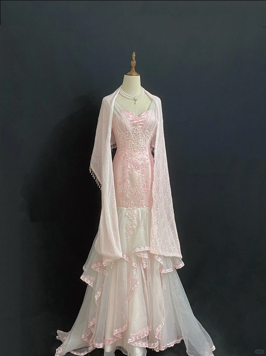 Blush Pink Embroidered Long Sexy Romantic Gown with Fitted Waist and Bodycon Cut, Wedding Dress & Bridal Gown gh8326