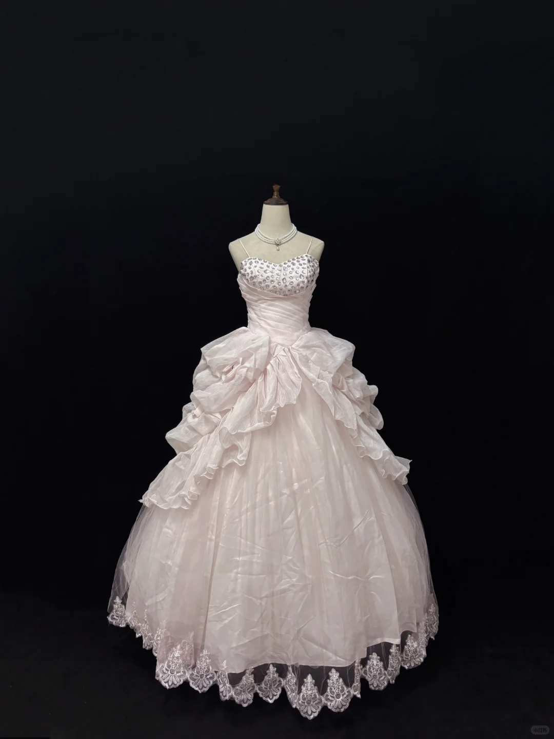Blush Pink Spaghetti Strap Romantic Dress with Rhinestones, Cinched Waist, Voluminous Princess Skirt, Wedding Gown gh8100