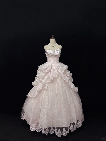 Blush Pink Spaghetti Strap Romantic Dress with Rhinestones, Cinched Waist, Voluminous Princess Skirt, Wedding Gown gh8100