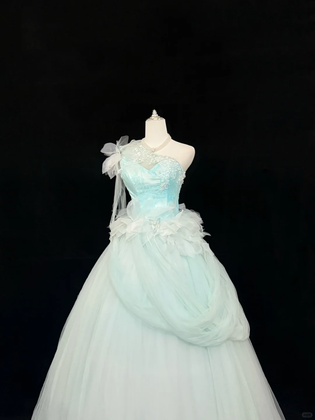 Light Blue Asymmetrical Neckline Cinched Waist Voluminous Tulle Skirt Long Romantic Dress, Wedding Gown gh7841