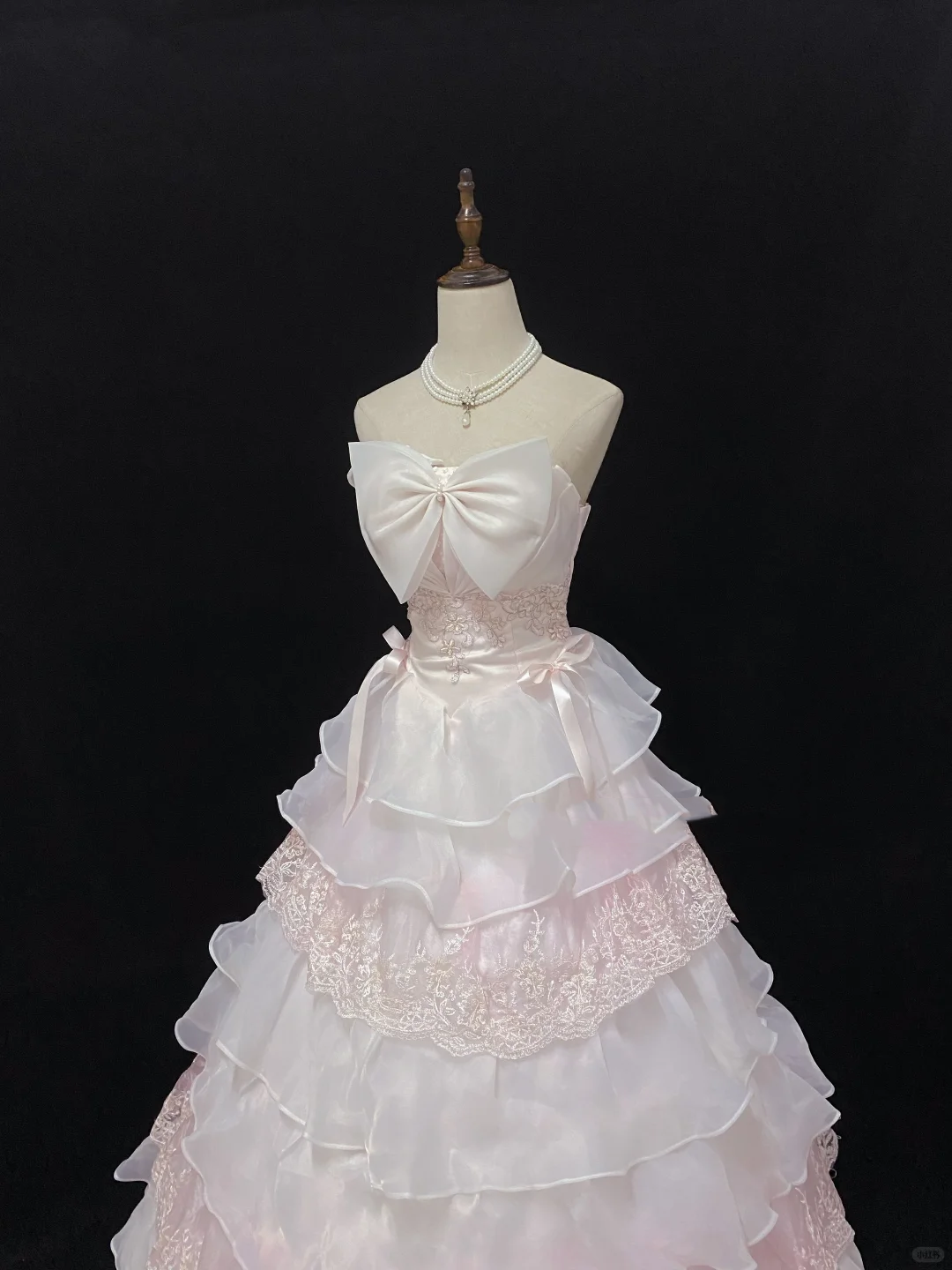 Blush Pink Strapless Romantic Gown with Bows, Cinched Waist & Fluffy Tiered Cake Skirt, Wedding Dress & Bridal Gown gh8145