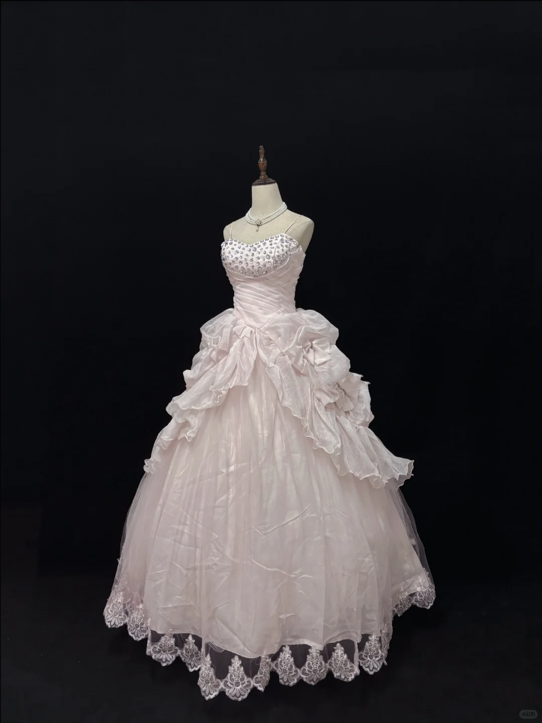 Blush Pink Spaghetti Strap Romantic Dress with Rhinestones, Cinched Waist, Voluminous Princess Skirt, Wedding Gown gh8100