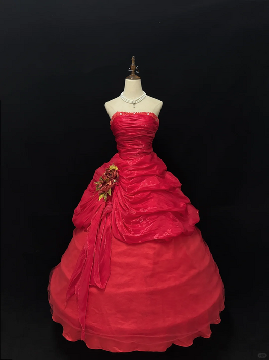 Red Strapless Cinched Waist Voluminous Princess Skirt Long Romantic Dress, Wedding Gown gh7965