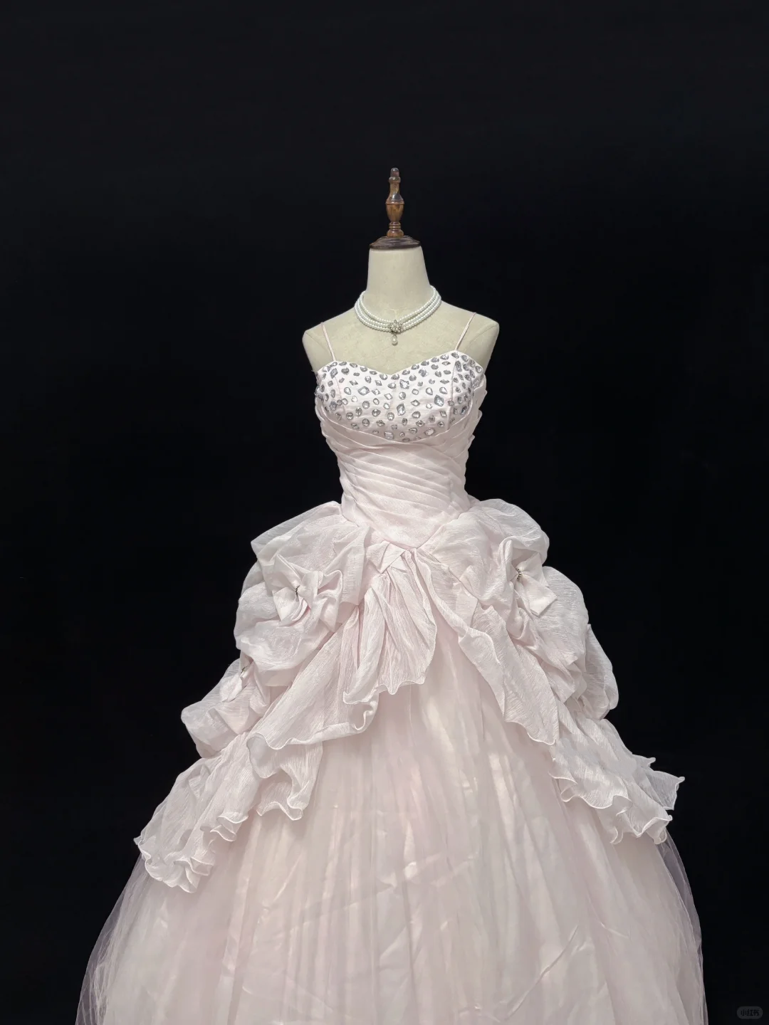 Blush Pink Spaghetti Strap Romantic Dress with Rhinestones, Cinched Waist, Voluminous Princess Skirt, Wedding Gown gh8100