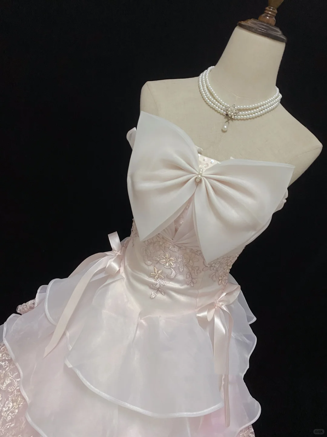 Blush Pink Strapless Romantic Gown with Bows, Cinched Waist & Fluffy Tiered Cake Skirt, Wedding Dress & Bridal Gown gh8145