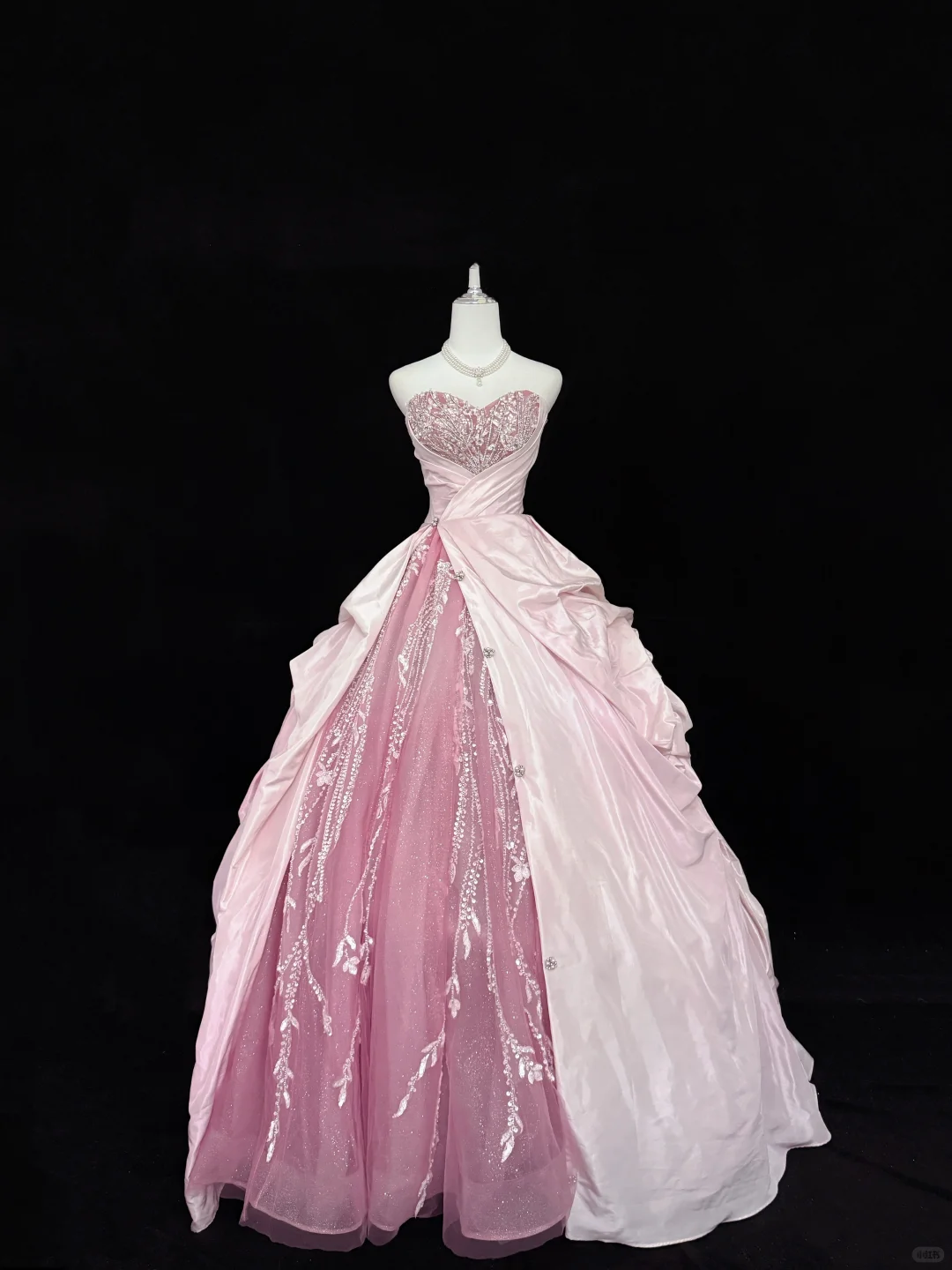 Pink Color Block Strapless Cinched Waist Voluminous Princess Skirt Long Romantic Dress, Wedding Gown gh7877