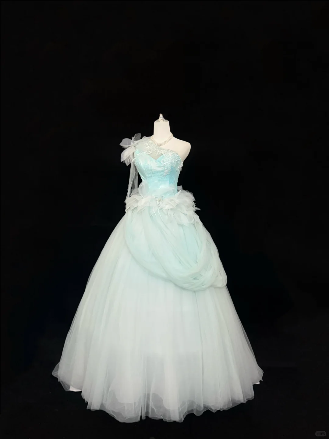 Light Blue Asymmetrical Neckline Cinched Waist Voluminous Tulle Skirt Long Romantic Dress, Wedding Gown gh7841