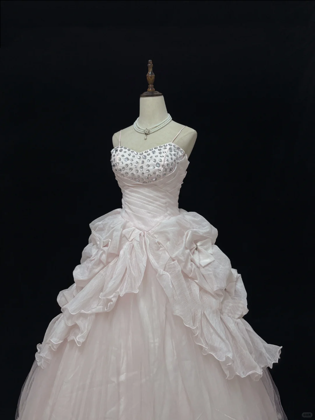 Blush Pink Spaghetti Strap Romantic Dress with Rhinestones, Cinched Waist, Voluminous Princess Skirt, Wedding Gown gh8100