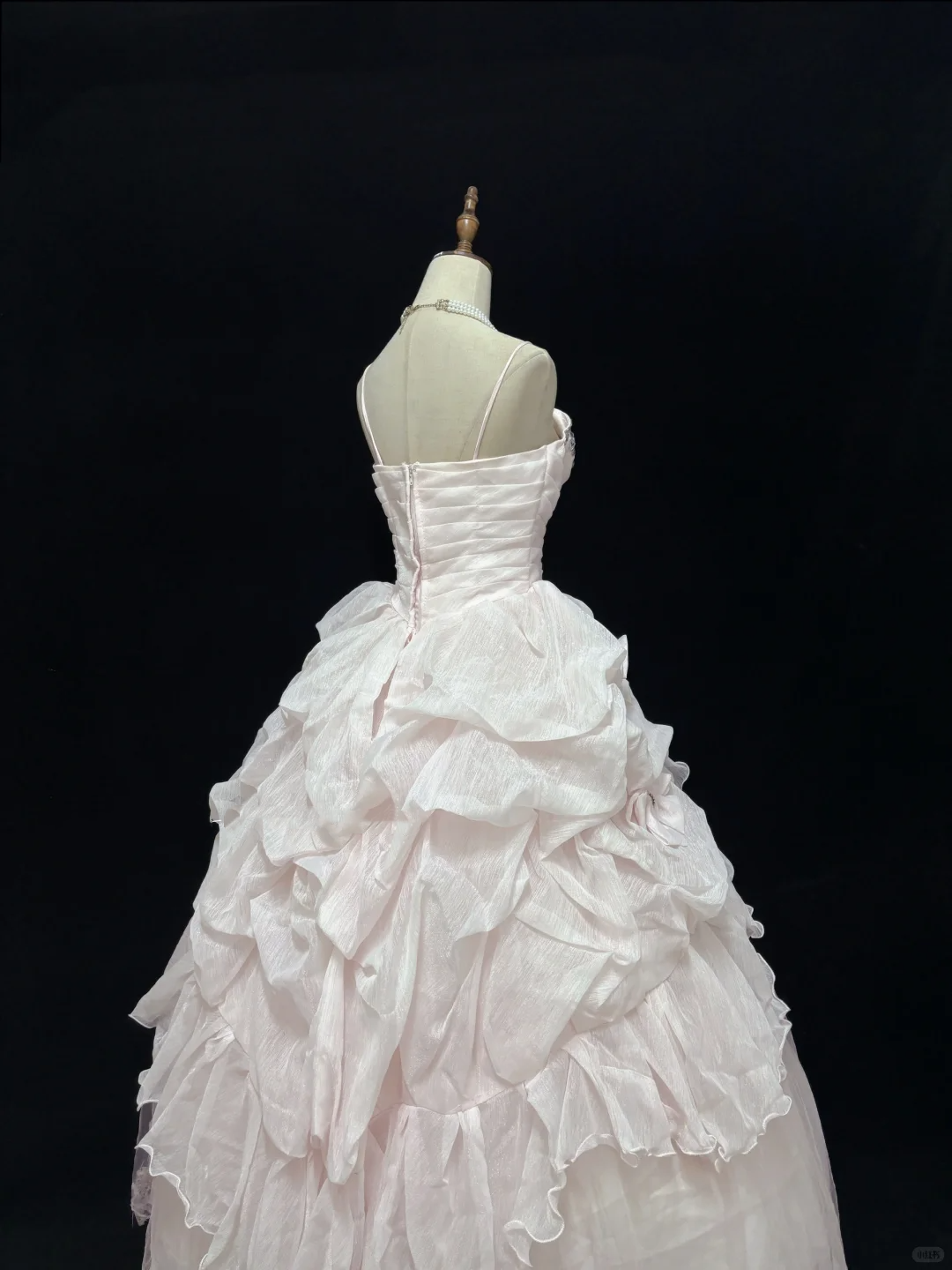Blush Pink Spaghetti Strap Romantic Dress with Rhinestones, Cinched Waist, Voluminous Princess Skirt, Wedding Gown gh8100