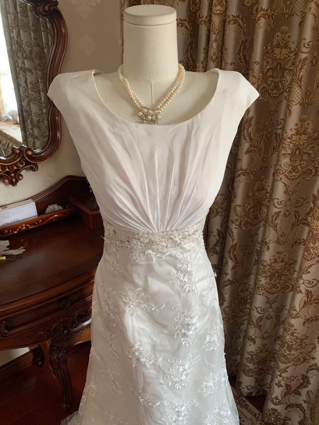 White Waist-Cinched Elegant Vintage Prom Dress, Wedding Gown gh7246