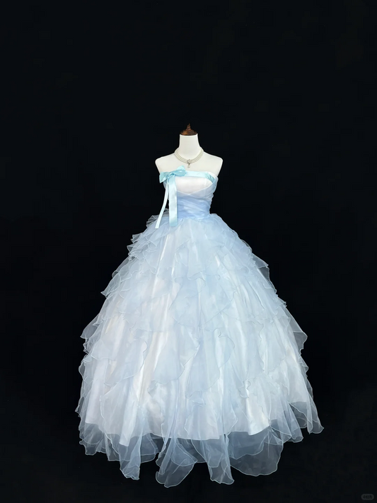 Light Blue Strapless Cinched Waist Voluminous Tiered Skirt Romantic Dress, Wedding Gown gh7925