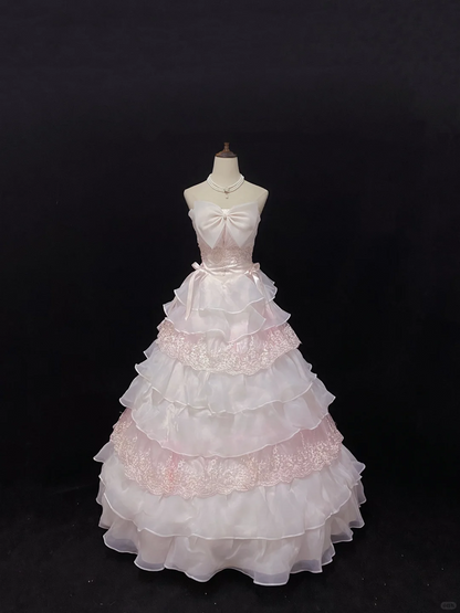 Blush Pink Strapless Romantic Gown with Bows, Cinched Waist & Fluffy Tiered Cake Skirt, Wedding Dress & Bridal Gown gh8145