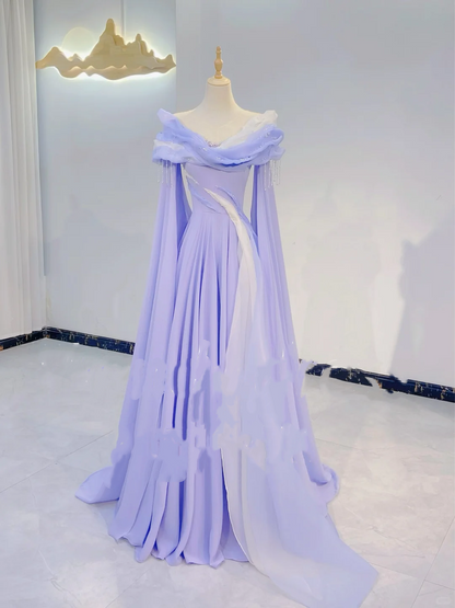 Light Purple Waist-Cinched Fitted A-Line Skirt Elegant Long Evening Dress, Fairy Gown, Romantic Gown gh7393