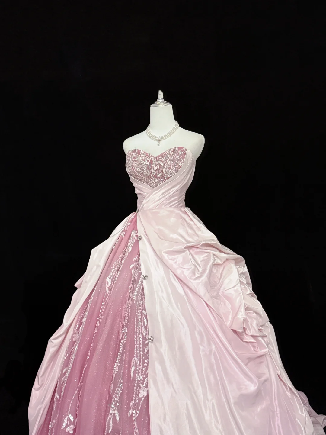 Pink Color Block Strapless Cinched Waist Voluminous Princess Skirt Long Romantic Dress, Wedding Gown gh7877