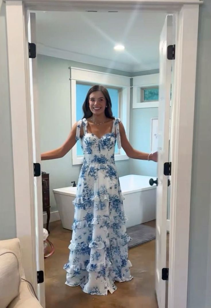 Blue floral elegant long formal evening gown sleeveless slit dress party dress gh3010