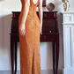 Caramel‑Orange‑Sparkly‑Vintage Halter‑V‑Neck All‑Over‑Hand‑Beaded‑Sequin Bodycon Floor‑Length Column‑Mermaid Evening Prom Gown gh8816