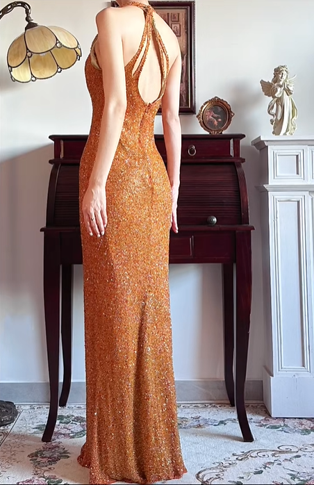 Caramel‑Orange‑Sparkly‑Vintage Halter‑V‑Neck All‑Over‑Hand‑Beaded‑Sequin Bodycon Floor‑Length Column‑Mermaid Evening Prom Gown gh8816