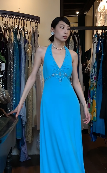 Turquoise Halter Long Formal Gown Chiffon Hand Beaded Maxi Evening Dress gh9649