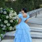 Robe de soirée princesse bleue élégante, coupe trapèze, manches courtes, longue, en tulle, robe de bal, gh4197