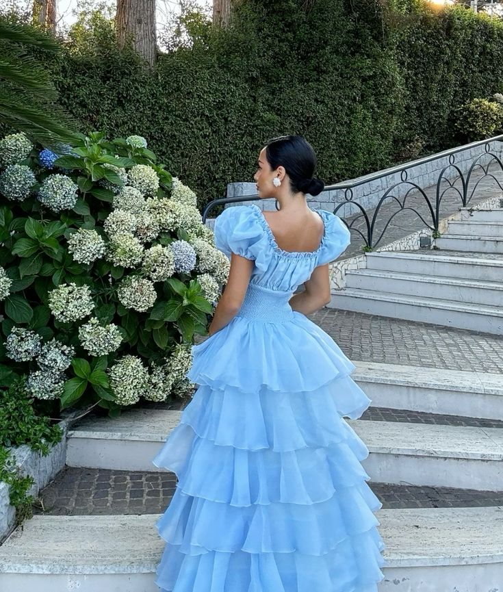 Robe de soirée princesse bleue élégante, coupe trapèze, manches courtes, longue, en tulle, robe de bal, gh4197