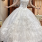 White Vintage Tulle Ball Gown Wedding Prom Dress, V‑Neck Ruffled Puff Sleeves, Lace Beaded Tassel Bodice, Multi‑Layer Curled Ruffle Cake Skirt gh8698