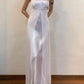 Robe de soirée longue en satin et tulle, élégante et délicate, motif floral, bretelles spaghetti, blanche, gh3899