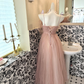 Light Pink Spaghetti Straps Bow Neckline Waist-Cinched Full Flared Skirt Romantic Dress, Wedding Gown gh7764