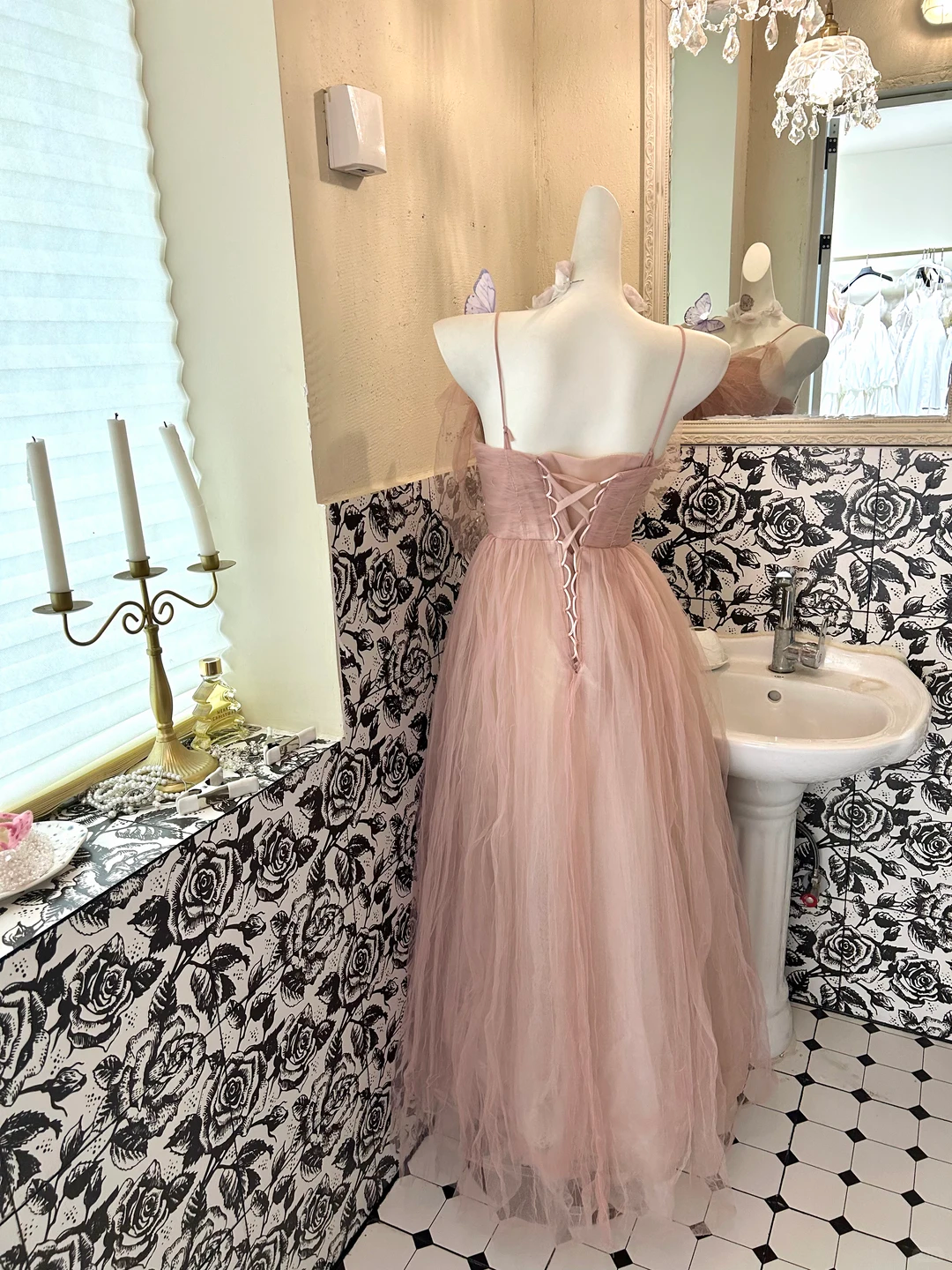 Light Pink Spaghetti Straps Bow Neckline Waist-Cinched Full Flared Skirt Romantic Dress, Wedding Gown gh7764