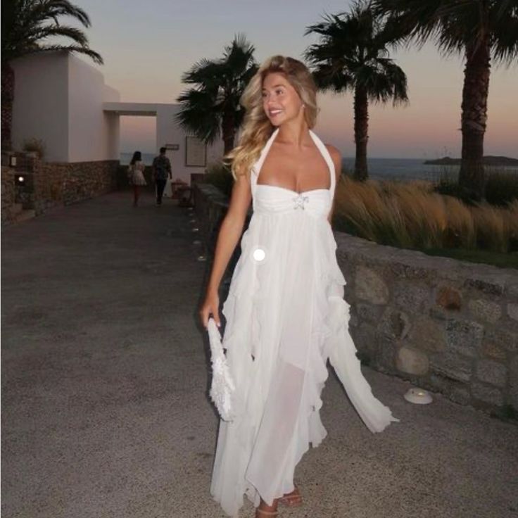 Robe de soirée en mousseline de soie blanche, couleur pure, jeune, élégante, douce, longue, à volants, irrégulière, pour bord de mer, plage, vacances, robe de soirée, robe de bal, gh3538