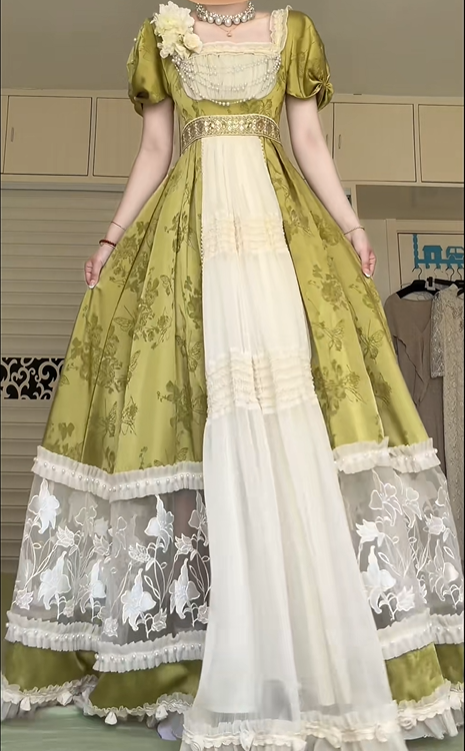 Vintage Regency Olive Green Square Neck Ball Gown, Puff Sleeves Floral Embroidery Lace Pearl Formal Prom Dress gh9008