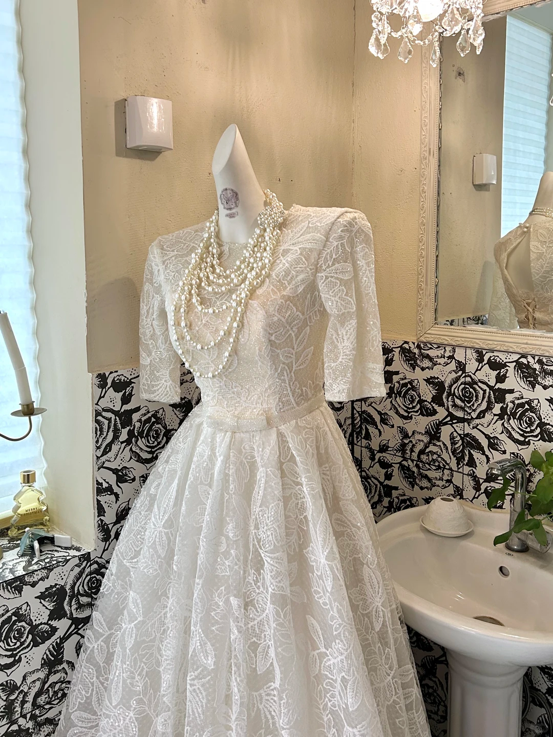 Ivory Mid-Long Sleeve Lace Waist-Cinched Full Flared Skirt Elegant Romantic Dress, Wedding Gown gh7630