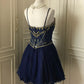 💙Dark blue shiny retro princess short homecoming dress beaded tulle ball gown evening dress gh4393