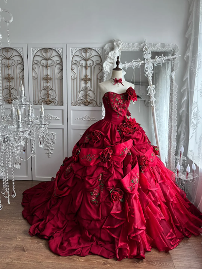 Red Strapless Gown with Fitted Waist and Puffy Skirt, Suitable for Prom, Evening Party and Wedding gh7358