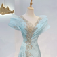 Light Blue Beaded Waist-Cinched Fitted Elegant Long Evening Dress, Fairy Gown, Romantic Gown gh7394
