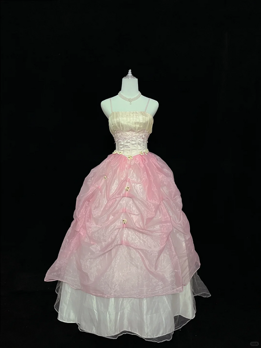 Light Apricot Spaghetti Straps Cinched Waist Blush Pink Voluminous Princess Skirt Romantic Dress, Wedding Gown gh8062