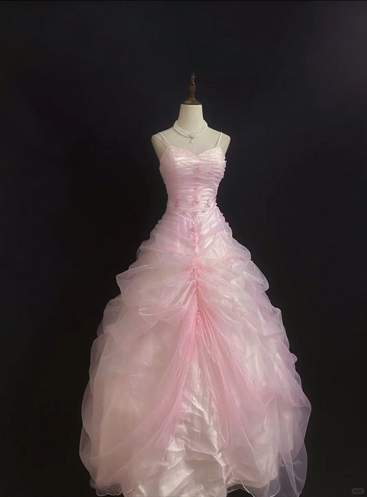 Light Pink Spaghetti Strap Long Romantic Gown with Fitted Waist and Fluffy Princess Skirt, Wedding Dress & Bridal Gown gh8327