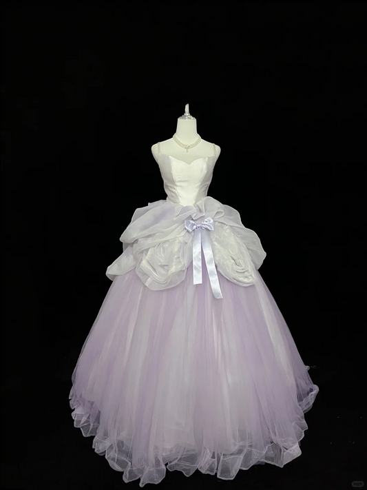 Lavender Spaghetti Strap Cinched Waist Voluminous Skirt Long Romantic Dress, Wedding Gown gh7926
