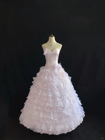 Blush Pink Satin Strapless Long Luxury Romantic Gown, Cinched Waist, Fluffy Chiffon Tiered Skirt, Wedding Dress & Bridal Gown gh8146