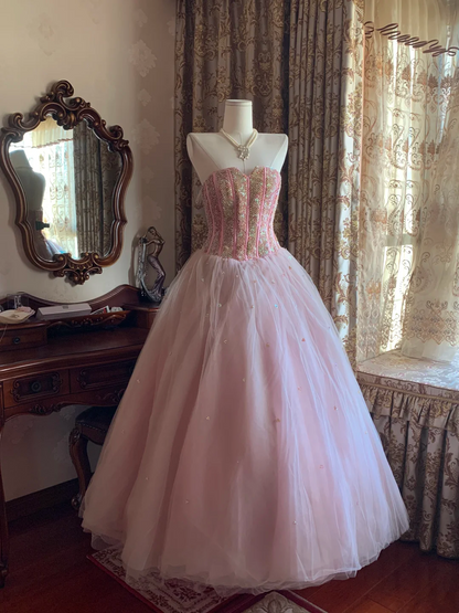 Light Pink Strapless Beaded Waist-Cinched Puffy Skirt Prom Dress, Birthday Party Gown gh7277