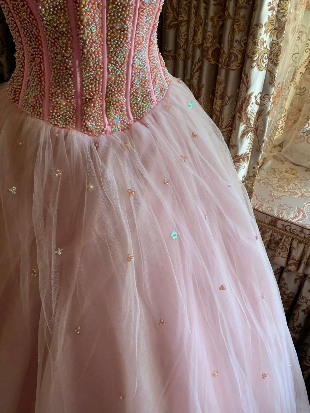 Light Pink Strapless Beaded Waist-Cinched Puffy Skirt Prom Dress, Birthday Party Gown gh7277