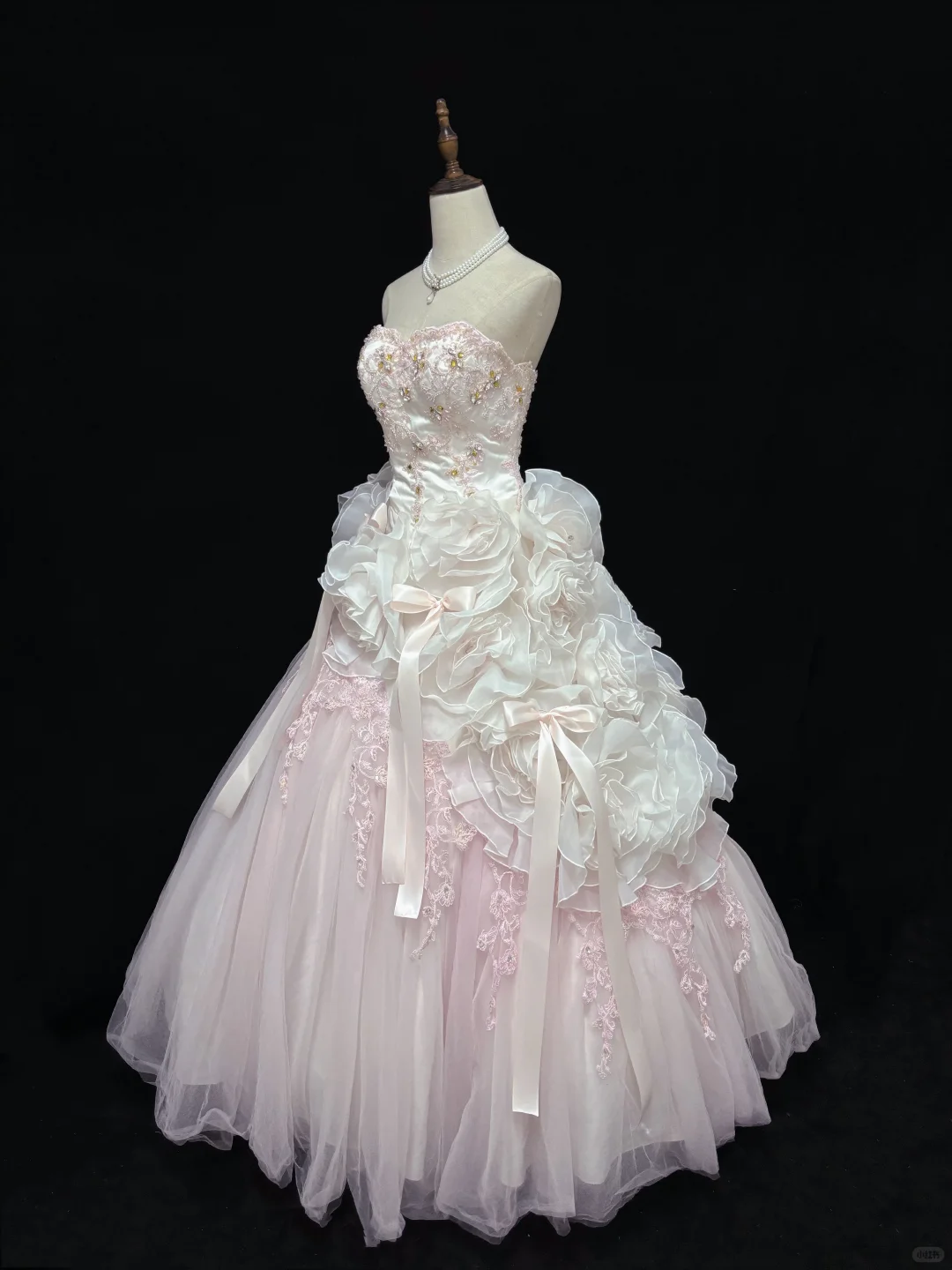 Blush Pink Strapless Gown With Floral Details & Voluminous Skirt, Luxury Romantic Wedding & Bridal Dress gh8186