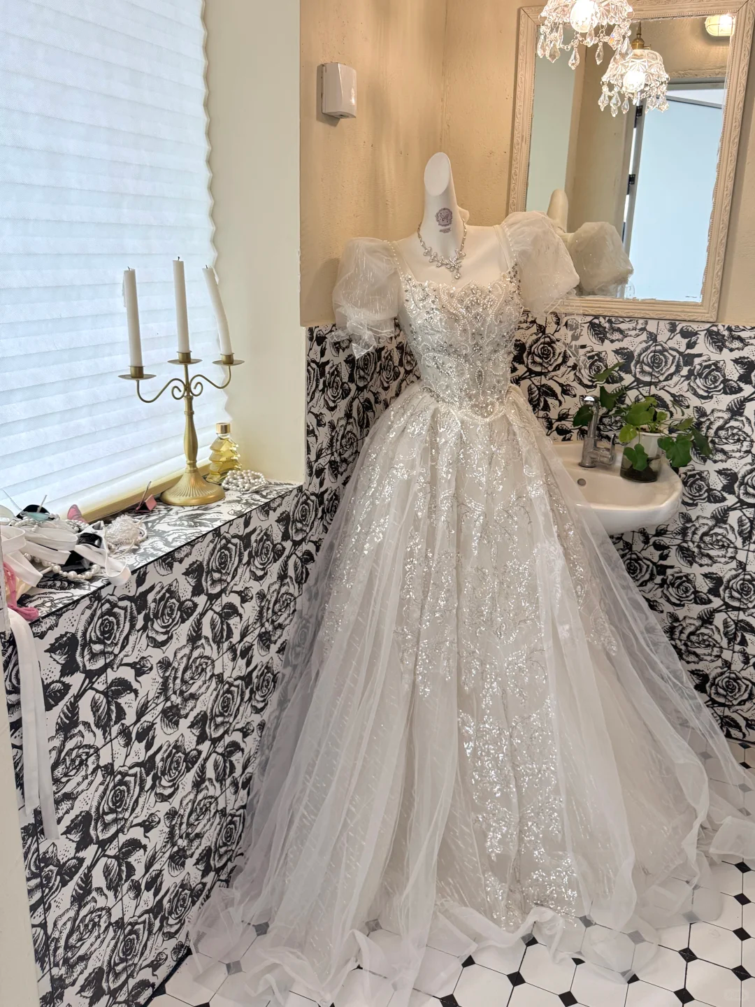 White Puff Sleeve Square Neck Waist-Cinched Full Flared Long Romantic Dress, Wedding Gown gh7678